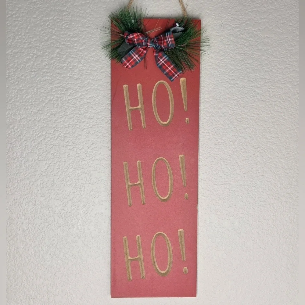 Red Ho Ho Ho Wooden Holiday Wall Hanging Sign Red‎ Buffalo Check Bow